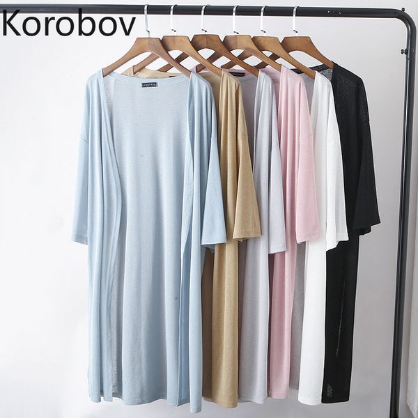 

korobov korean solid women cardigans summer oversize three quarter sleeve long sweater v neck sueter mujer knitted sweater 78414, White