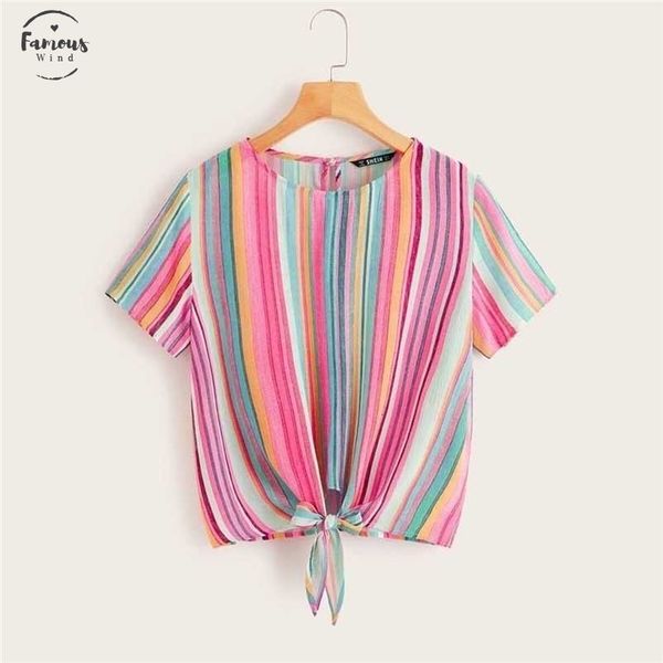 

красочные полосатые вискозные узловатые передние топы женские топы и блузки 2019 повседневные пуговицы с коротким рукавом летние блузки, White