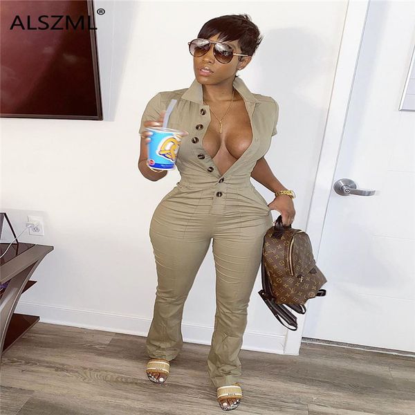 

safari style women solid color button up long jumpsuit 2020 summer office lady turn-down collar short sleeve overalls, Black;white