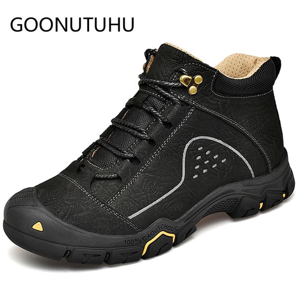 

2019 autumn winter men's ankle boots genuine leather casual shoes male work safety shoe man rubber waterproof snow boots for men, Black