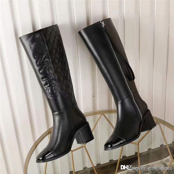 

109chan luxury womens black leather high heels boots round toe knee-high booties long boots leather black ladies with original box, Blue;gray