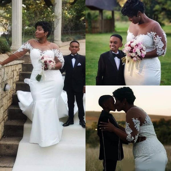 

lace applique satin mermaid african wedding dresses 2020 sheer half sleeves plus size bridal dress wedding gowns vestidos de novia, White