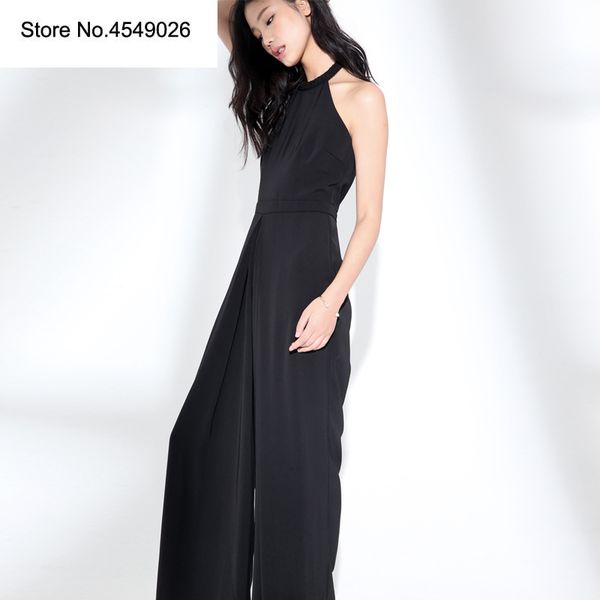 

elegant women romper hanging neck design halterneck jumpsuit, Black;white