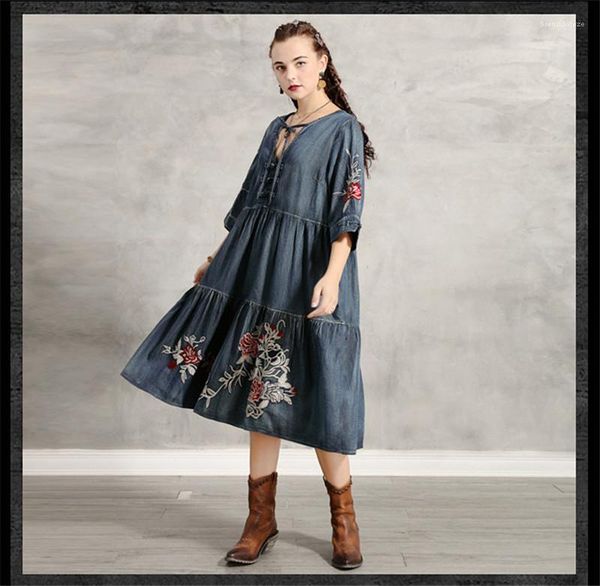 

womens casual dresses fashion loose lace up ruched panelled womens designer denim dresses females clothing vintage flower embroidery, Black;gray
