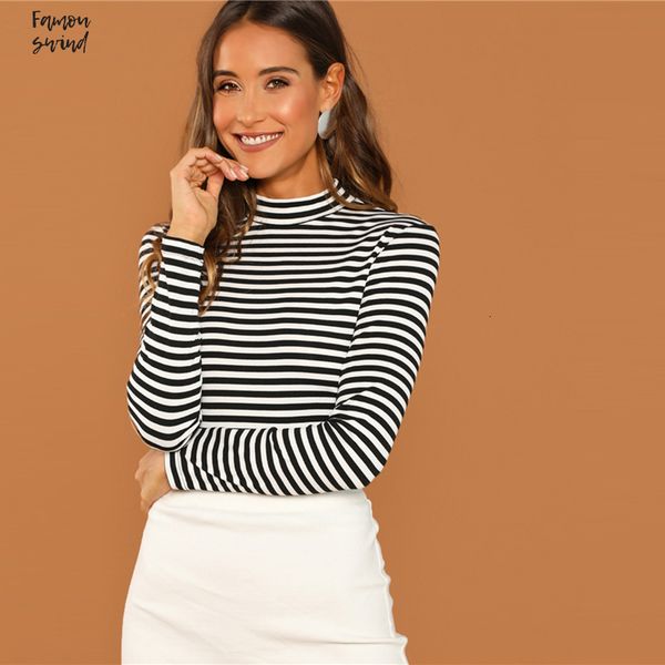 

lady black tshirt white slim fit mock neck высокая шея полосатый rib knit t shirt осень campus женщины и top