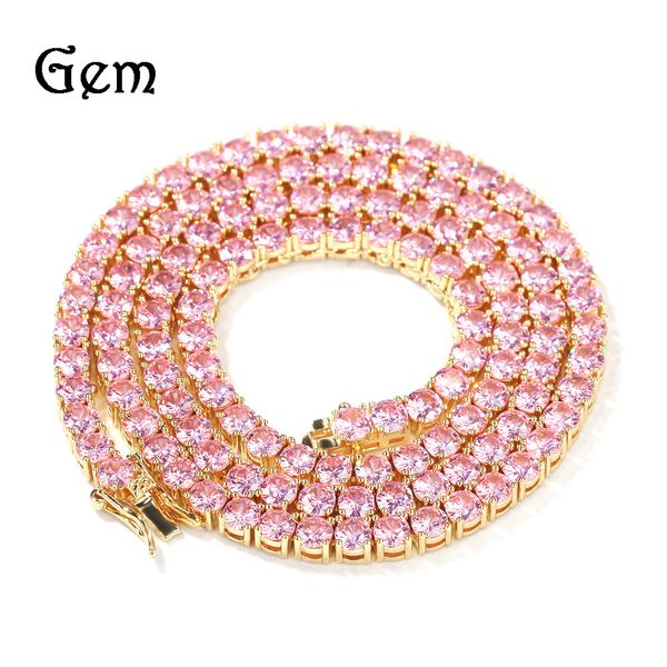 

cuban link chains hip-hop 4mm pink zircon a row of necklaces ins versatile tennis chains for men and women, Silver