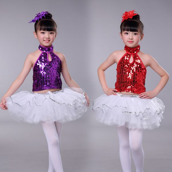 

new children jazz dance costumes sequins ballroom stage performing dresses kids latin ballet dance tutu for girls, Black;red