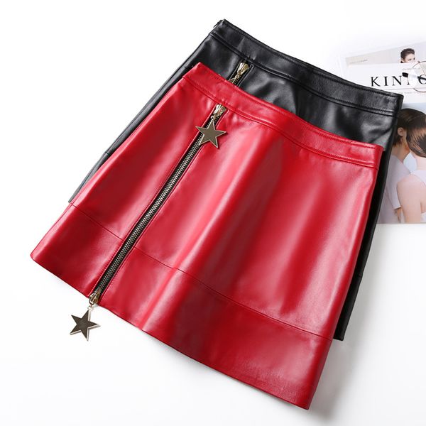 

2019 autumn women's genuine leather skirts fashion women's high-waist a-line leather mini skirt b141, Black