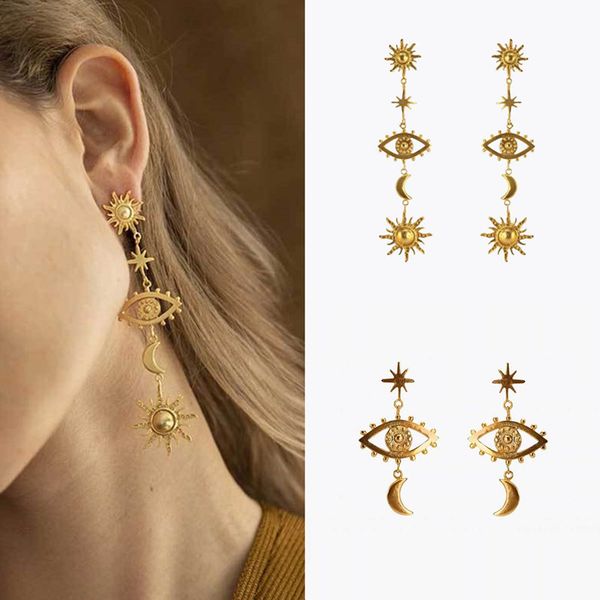 

aomu 2019 new vintage metal gold color sun star moon evil eye earrings for women long statement drop earring boho jewelry set, Silver