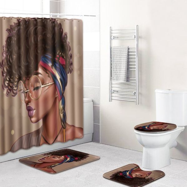 

0african american women's cross-border bathroom antiskid mat shower curtain combination carpet european and american wind explosion