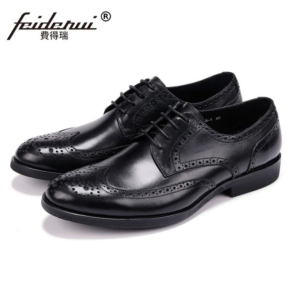 

new vintage genuine leather man formal dress shoes round toe derby men's carved wing tip brogue business office footwear js115, Black