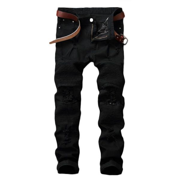 

байкер мужчины sliming и fit ripped hole джинсы solid color кожа да кости прямые брюки брюки, Blue