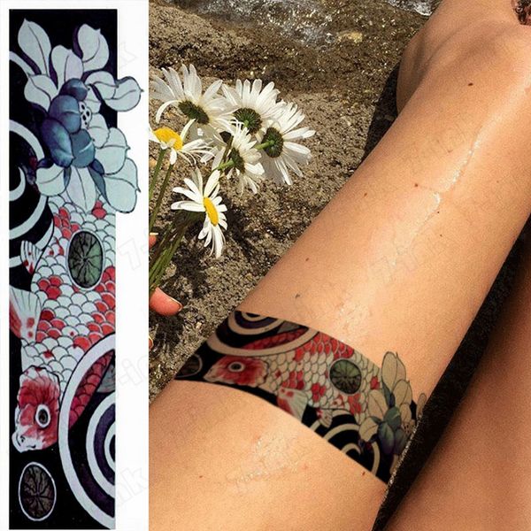 

waterproof temporary tattoo sticker ukiyo-e carp fish lotus flower band fake tatoo flash waist arm foot tatto for girl women men