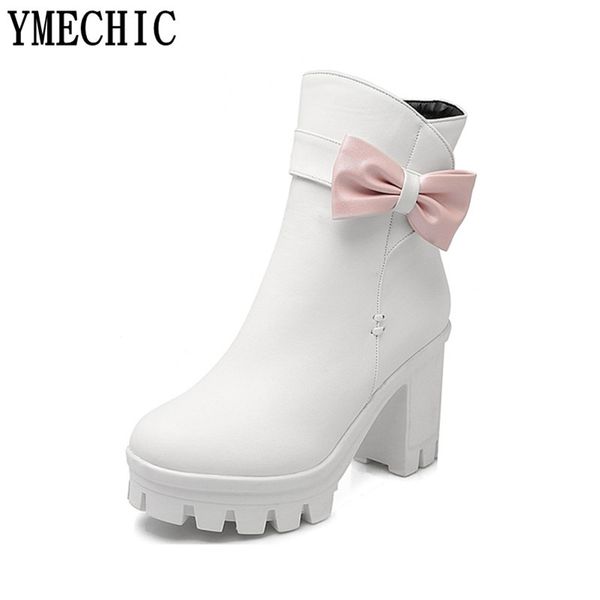 

lady's sweet butterfly-knot chunky block high heel platform ankle boots bowtie female white black pink womens punk shoes