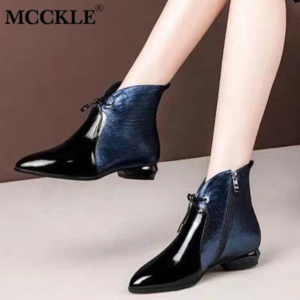 

mcckle woman pointed toe lace up low heels ankle boots women's patent leather short boots mixed color female ladies zip shoes, Black