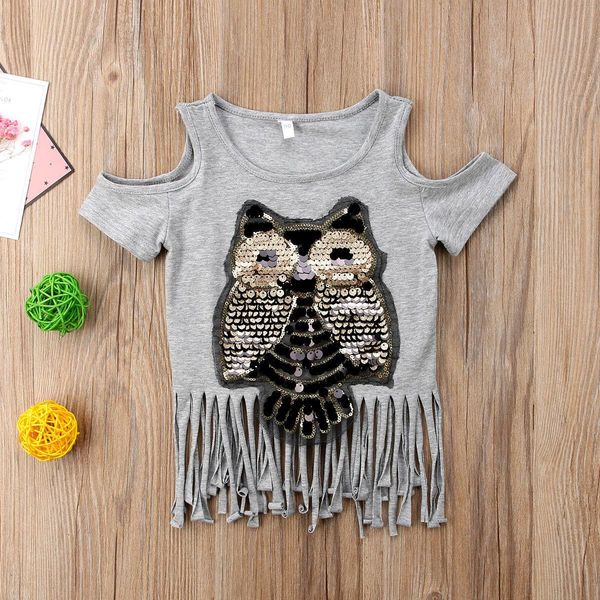 

new toddler infant child kid casual sequins owl printed baby girl tassel t-shirt off shoulder cotton clothes, Blue