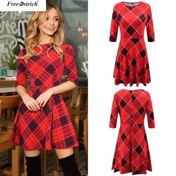

ostrich 2019 dress women casual dress plaid print shirt high waist casual slim elegant sleeve o neck mini, Black;gray