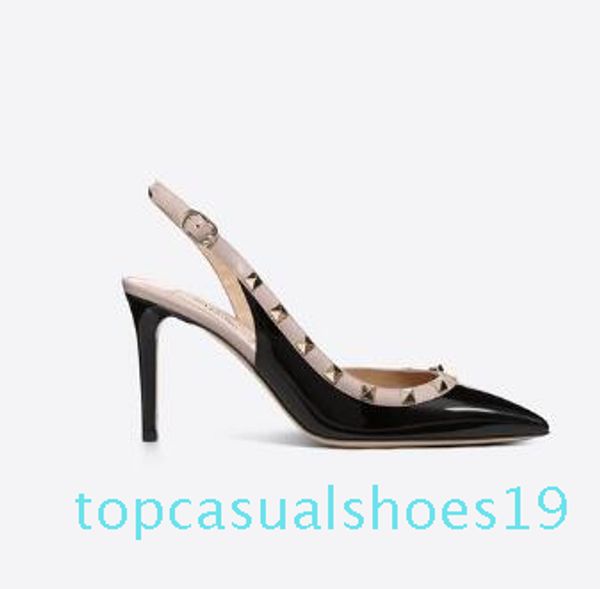 

дизайнерские сандалии острым носом шпильки высокие каблуки лакированная кожа заклепки женские сандалии шипованные ремешками платье обувь вал, Black