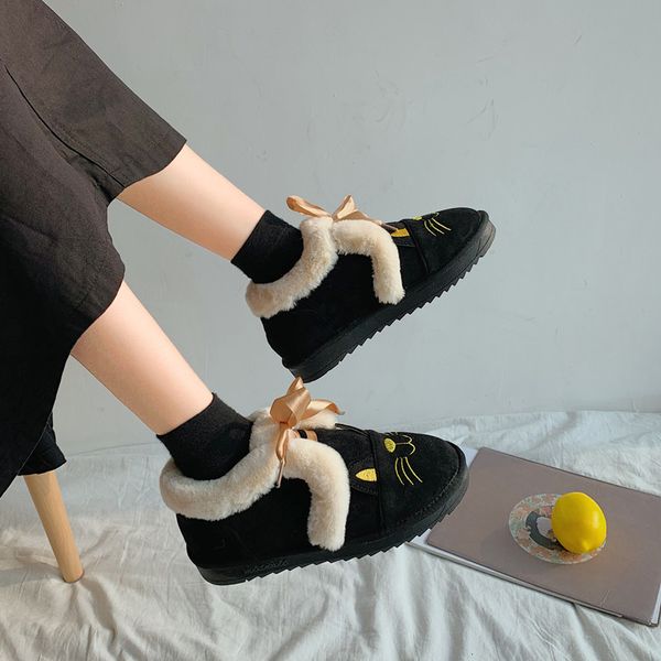 

winter little cat ankle boots women women fashion boots casual solid color retro flock warm breathable butterfly-knot u11-79, Black