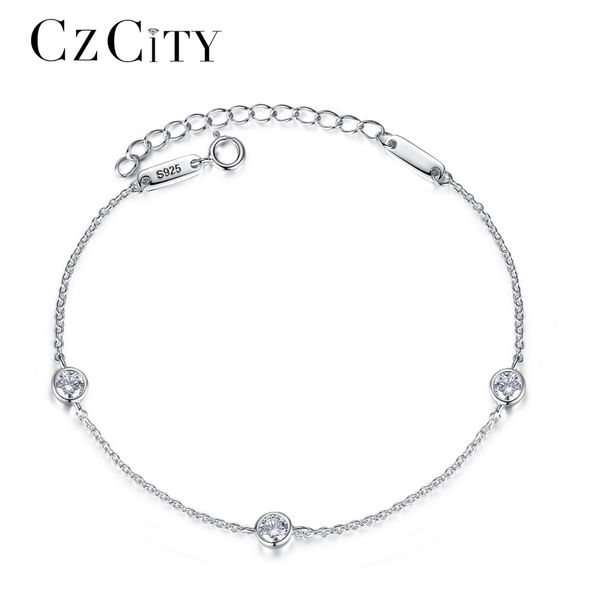 

czcity charm women chain link sterling silver bracelet for women simple classic cubic zirconia female bracelets fine jewelry, Black