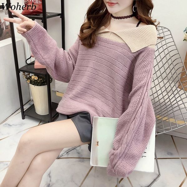 

woherb off shoulder v-neck sweater women jumper long sleeve contrast color knit winter pull femme autumn 2019 elegant pullover, White;black