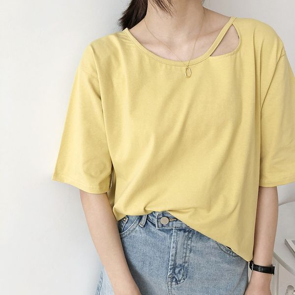 

self-made front and rear semicircle hollow short sleeve female 2019 loose t-shirt coat t-shirt top, White