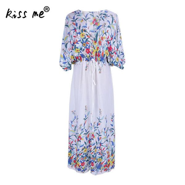 

new summmer floral print beach dress tunic beach maxi dress boho style vintage v neck front slit causal summer robe female, Blue;gray