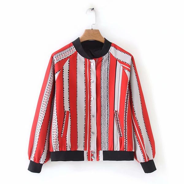 

fashion women yd65-8919 european and american fashion red and white stripe color matching jacket, Black;brown