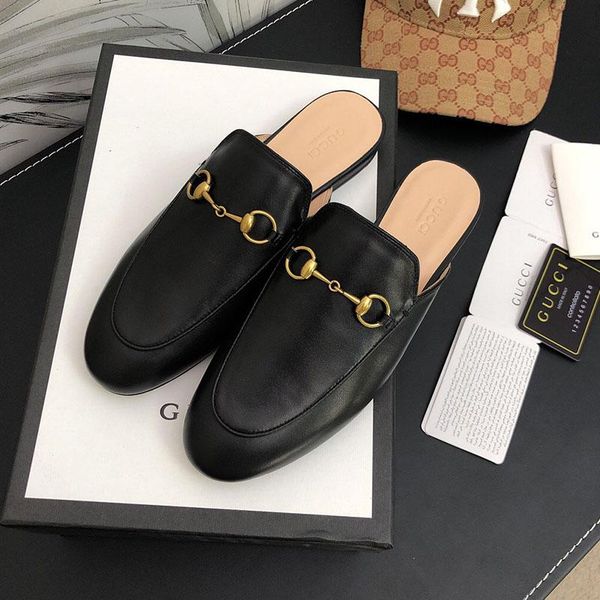 

fashion travel beach loafers luxury embroidery leisure shoes classic horsebit buckle baotou half slippers for women metal buckle lazy shoes, Black