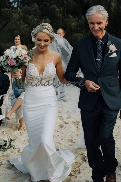 

beach wedding dresses mermaid spaghetti straps satin backless boho wedding dress with lace sweep train country wedding gowns 2020, White