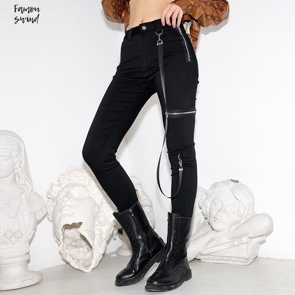 

женщина тощий черные брюки молния fly полный пряжка длина поножи zipper fly женский осень высокая талия streetwear карандаш штаны, Black;white