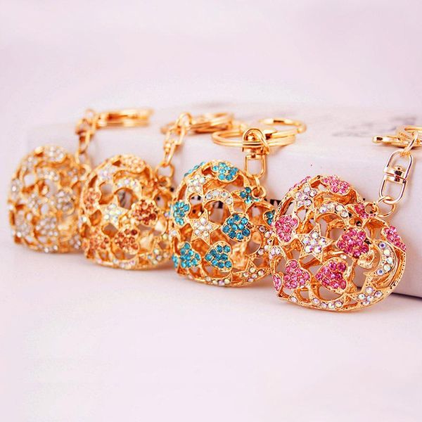 

keyring bag charm hollow style floral rhinestone crystal heart pendant metal car keychain lobster clasp alloy key rings, Slivery;golden