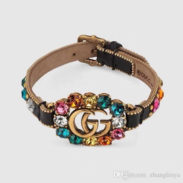 

2019 autumn and winter new style gold metal inlaid color crystal letter logo black leather bracelet, Gray