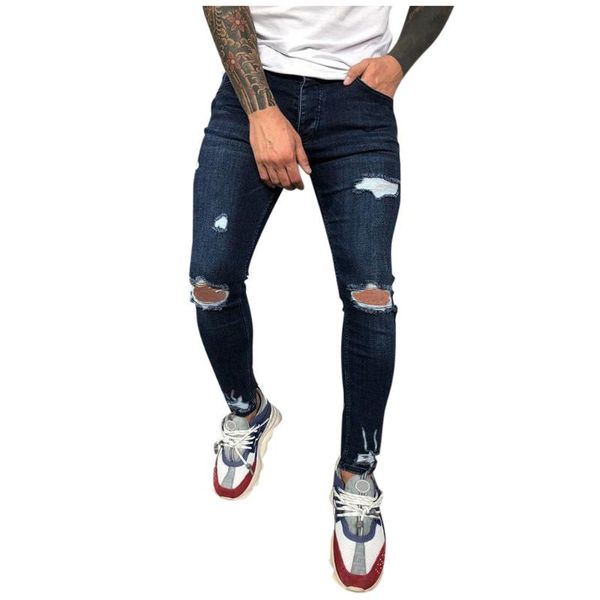 

hole jean men fashion skinny stretch denim pencil pants distressed ripped freyed biker slim fit jeans trouser streetwear, Blue