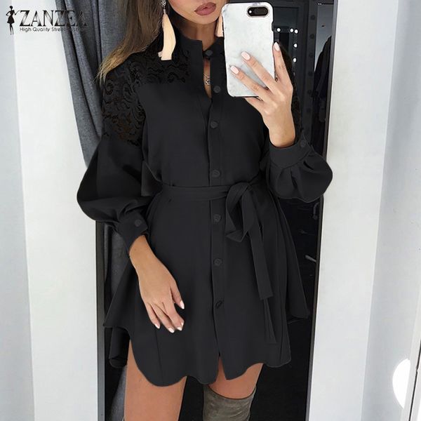 

2020 zanzea spring solid long shirt dress fashion lace patchwork party mini sundress women long sleeve belt short vestidos tunic, Black;gray