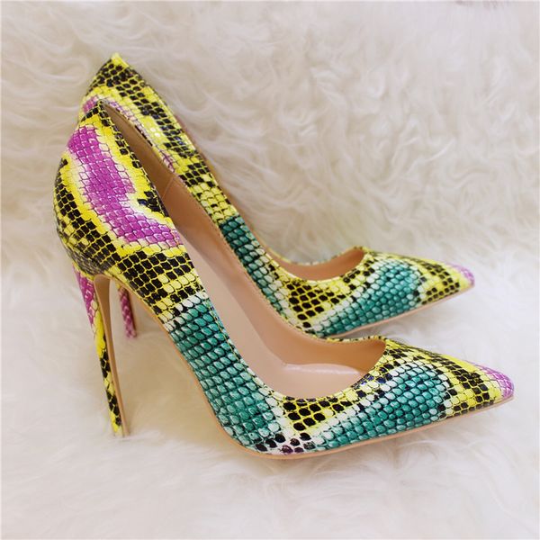 

повседневная дизайнер сексуальная леди мода желтый змея python печатных острым носом туфли на высоких каблуках 12 см  см 8 см шпильках, Black