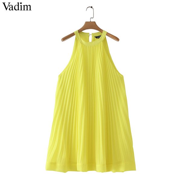 

vadim women yellow chiffon mini shift dress halter sleeveless cute straight female stylish pleated dresses vestidos qb567, Black;pink
