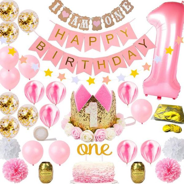 

1 full set birthday party decoration supplies film balloon pull flag digital balloon birthday hat ribbon
