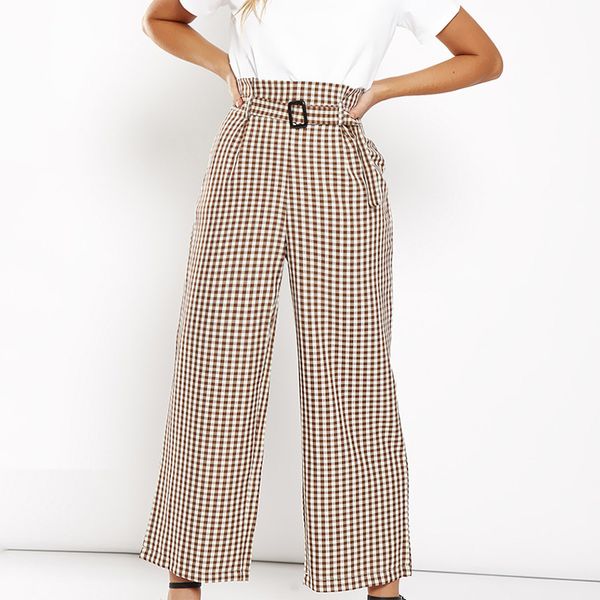 

khaki plaid high waist wide leg women's pants sashes belt vintage trousers for women 2020 spring summer loose clothes ladies, Black;white