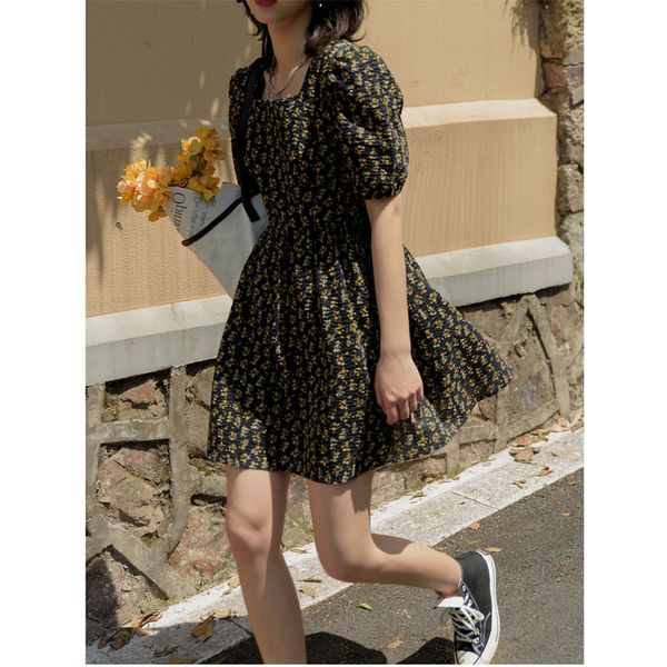 

dress women 2020 new summer long waist small yellow flower skirt tide, Black;gray