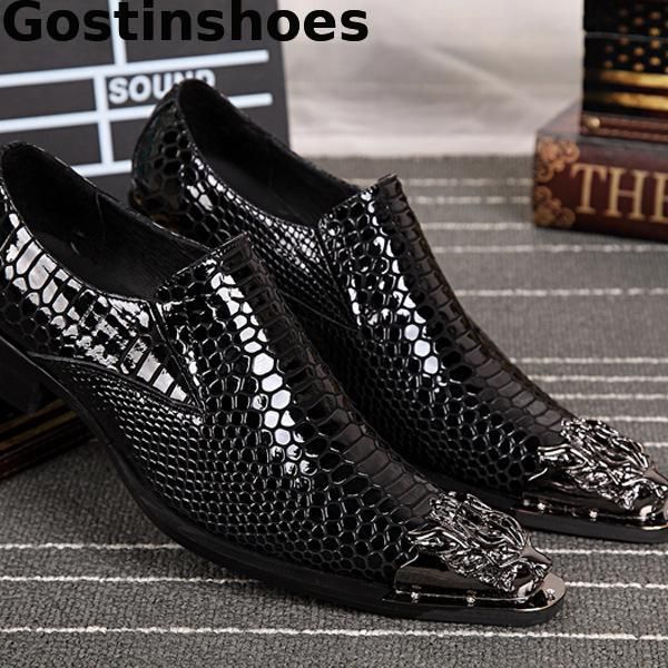 

men loafers genuine leather snake skin printed black men leather shoes slip-on pointed metal capped toe casual shoes