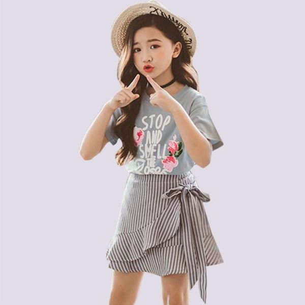 

teenage clothes letter print tshirt + striped skirt 2 pcs suit for girls ruffle kids clothes girl fashion summer girls, White