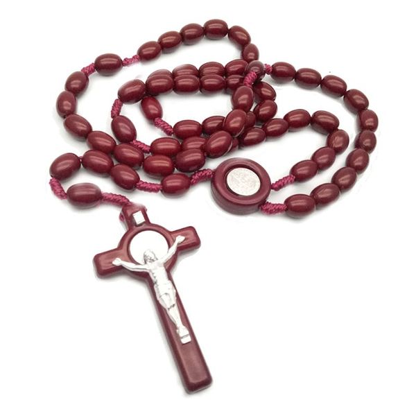 

jesus wooden beads 8mm rosary bead cross pendant necklace woven rope chain jewelry accessories e65b