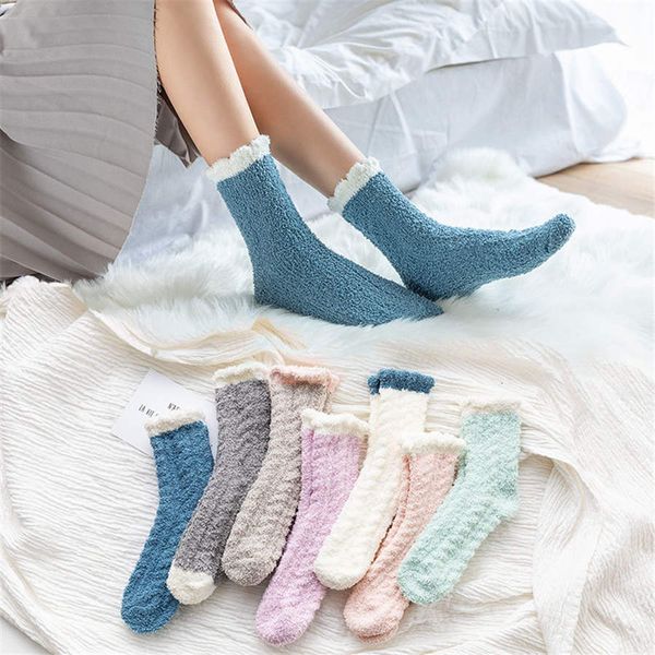 

autumn winter japanese coral velvet fuzzy socks women warm thickened kawaii pink socks for ladies pure color