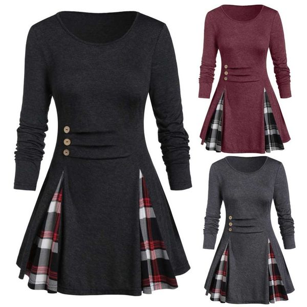 

christmas dress autumn dress women plus size tunic tee buttoned plaid print long sleeve t shirt long sleeve ropa mujer vestidos, Black;gray