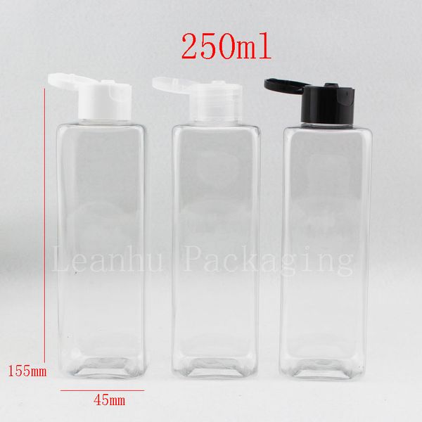 wholesale 250ml X 20 tappo flip top quadrato trasparente contenitori vuoti per bottiglie di lozione in plastica, bottiglia in PET per sapone liquido con tappo