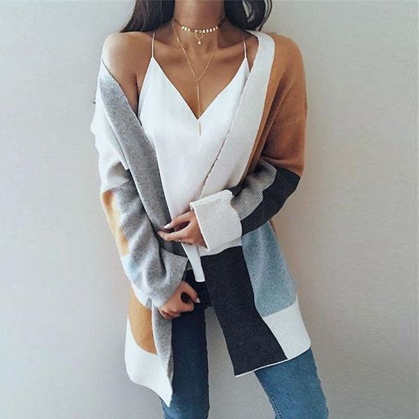 

europe women's winter loose color stitching long-sleeved sweater cardigan coat long section coarse knit large sweater warm coat, Tan;black