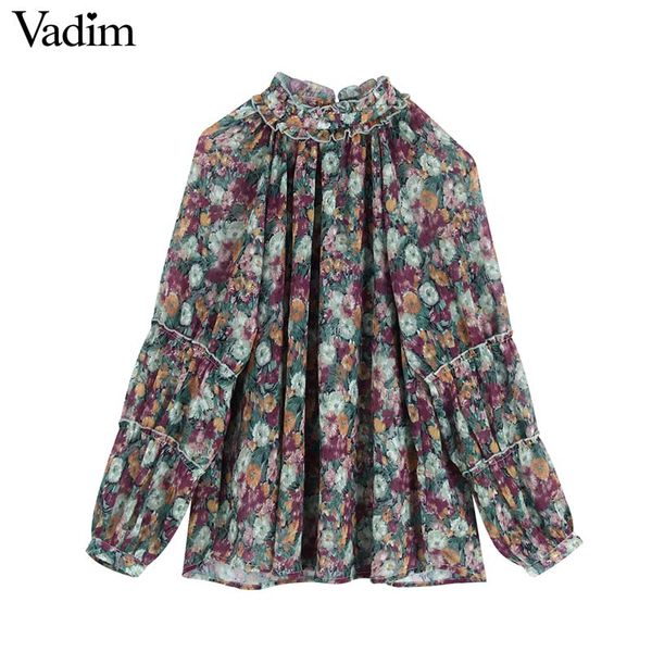 

vadim women chic oversized floral pattern blouse see through lantern sleeve shirt female casual vintage loose blusas lb655, White