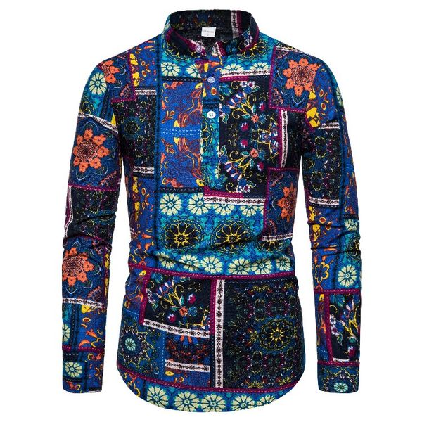 

men's brand leisure fashion personality long-sleeve ethnic print business wedding shirt european and american sizes shirt men, White;black