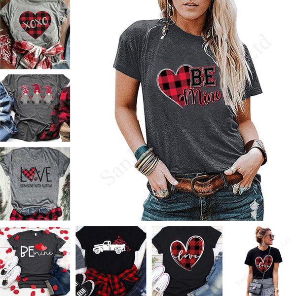 

women sweat -shirts 2020 valentines day love heart plaid short sleeve round neck t shirt pullover elastic breathable tees e1904, White